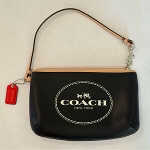 Coach Horse & Carriage Logo Black Tan Wristlet Wallet Leather Zip Up